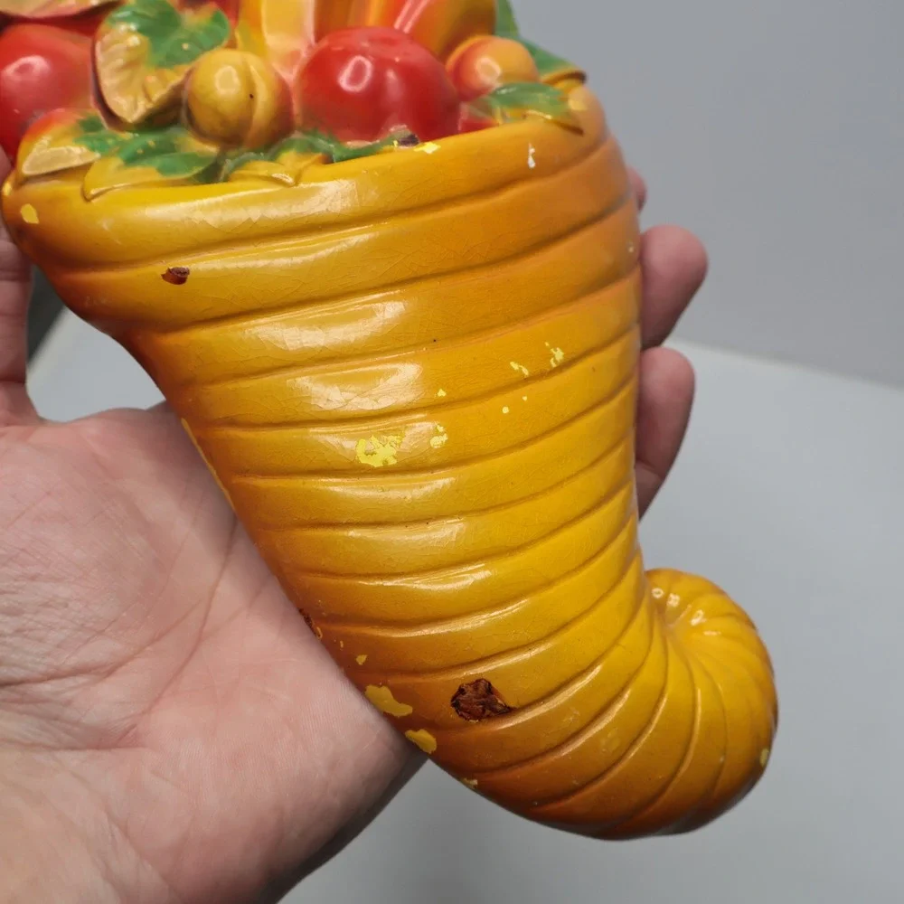 Vintage Ceramic Fruit‎ Cornucopia Wall Hanging Plaque Thanksgiving Decor 11 Inch